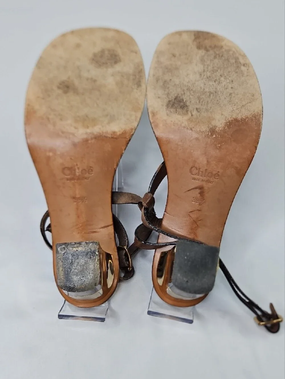 Chloe Brown Leather Strappy Gold Block  Sandals Size 39.5
